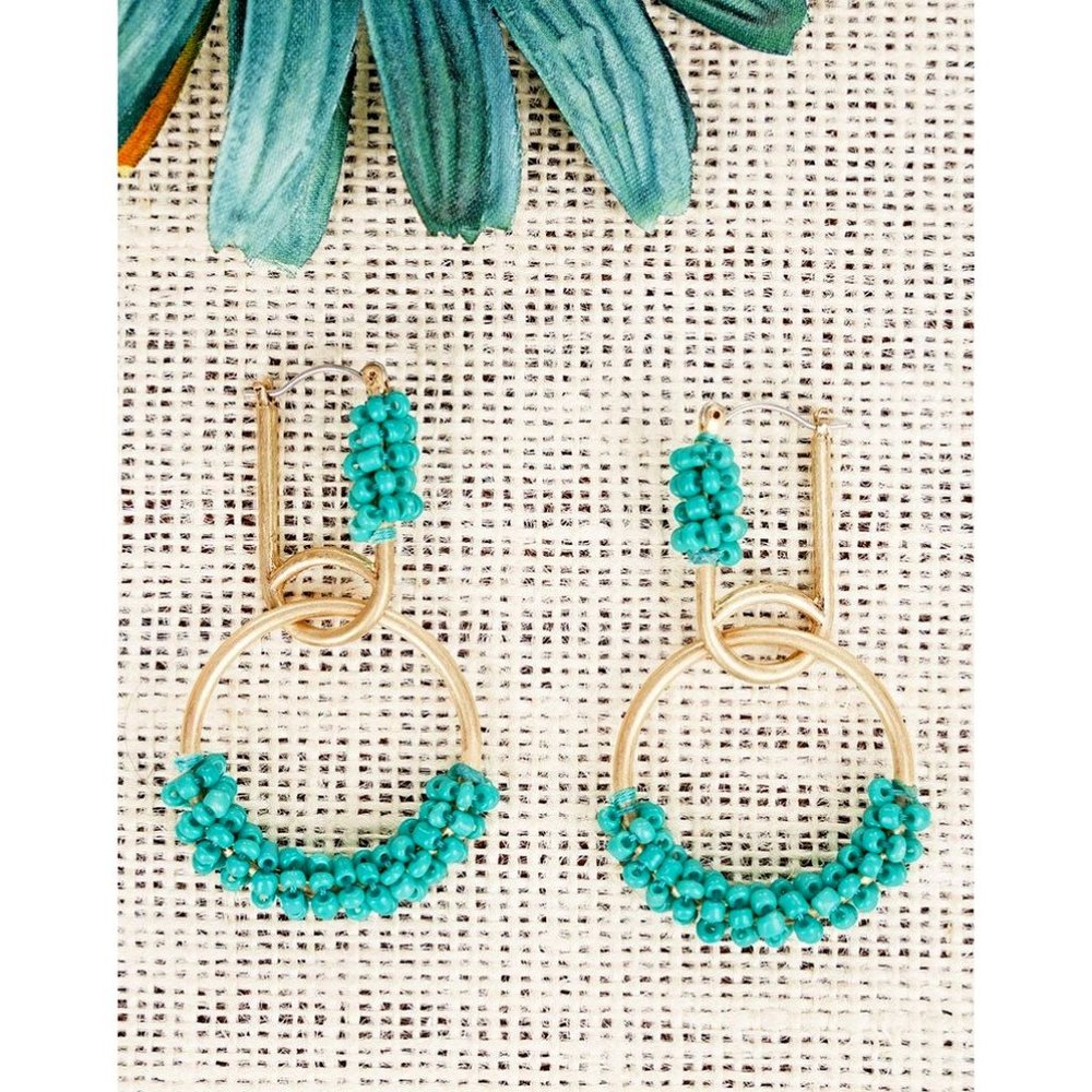 Earrings. Gold, Turquoise Seed Bead Wrapped. Pierced. NWT.